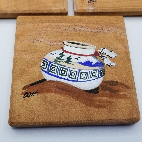 Drink Beverage Coasters Hand Painted Wood Holder Native American Southwest Set 4 - Picture 7 of 11